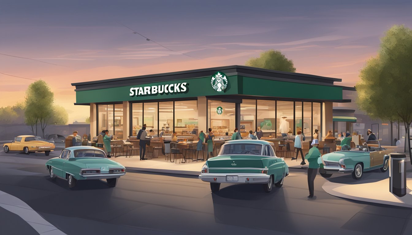 A bustling Starbucks drive-thru with a line of cars and a busy outdoor seating area, with customers enjoying breakfast items and coffee