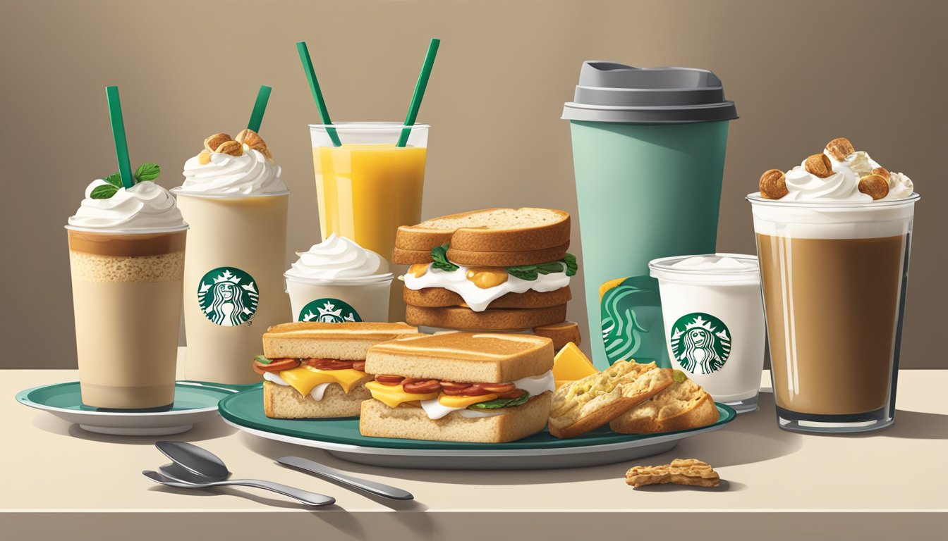 A table with a spread of Starbucks breakfast items, including sandwiches, pastries, and yogurt parfaits, with nutritional information displayed next to each item