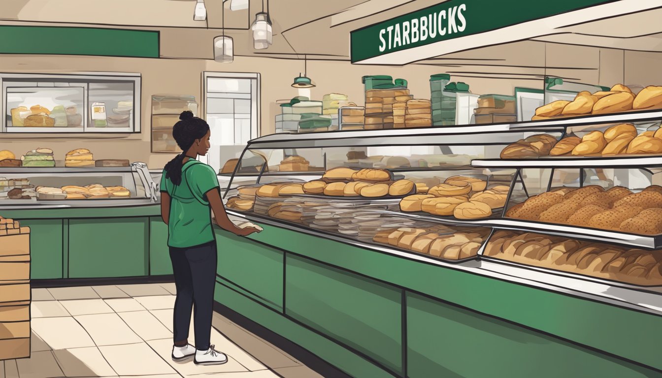 A bustling Starbucks store with a display of freshly baked pastries and breakfast items. A worker carefully organizing surplus food for donation to reduce food waste