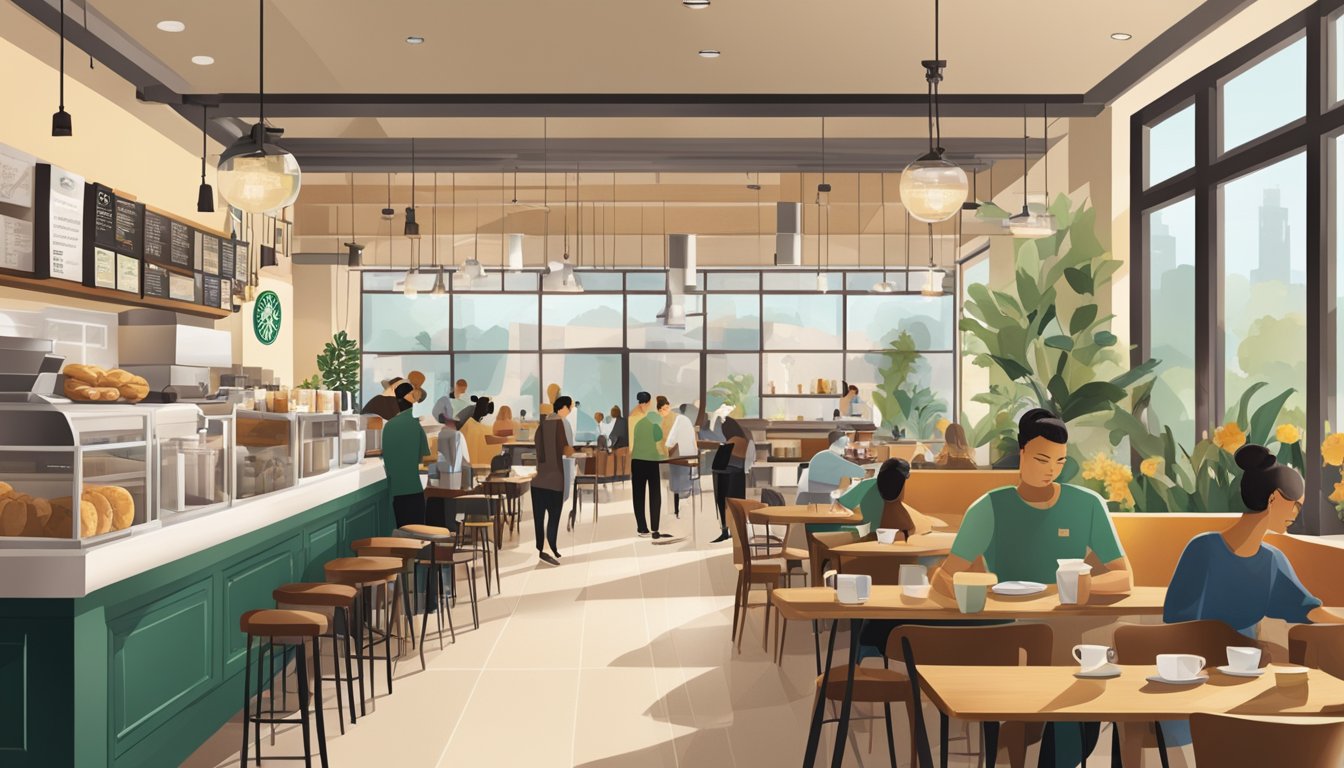 A bustling Starbucks cafe with a modern, inviting atmosphere. Traditional breakfast items like pastries and coffee alongside innovative, trendy menu offerings