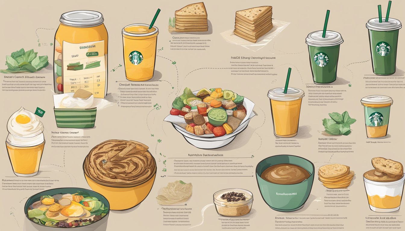 A table with a variety of Starbucks drinks and breakfast items, surrounded by nutritional information labels and a transparent menu