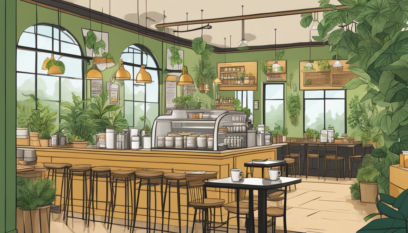 A bustling coffee shop with a variety of sustainably sourced breakfast options displayed on a menu board, surrounded by vibrant green plants and eco-friendly decor