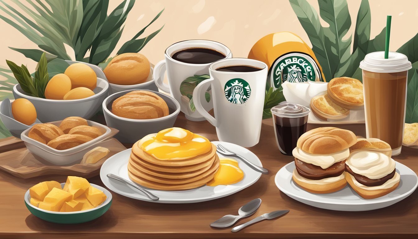 A table set with a mix of classic and modern Starbucks breakfast items, surrounded by fresh ingredients and a warm, inviting atmosphere