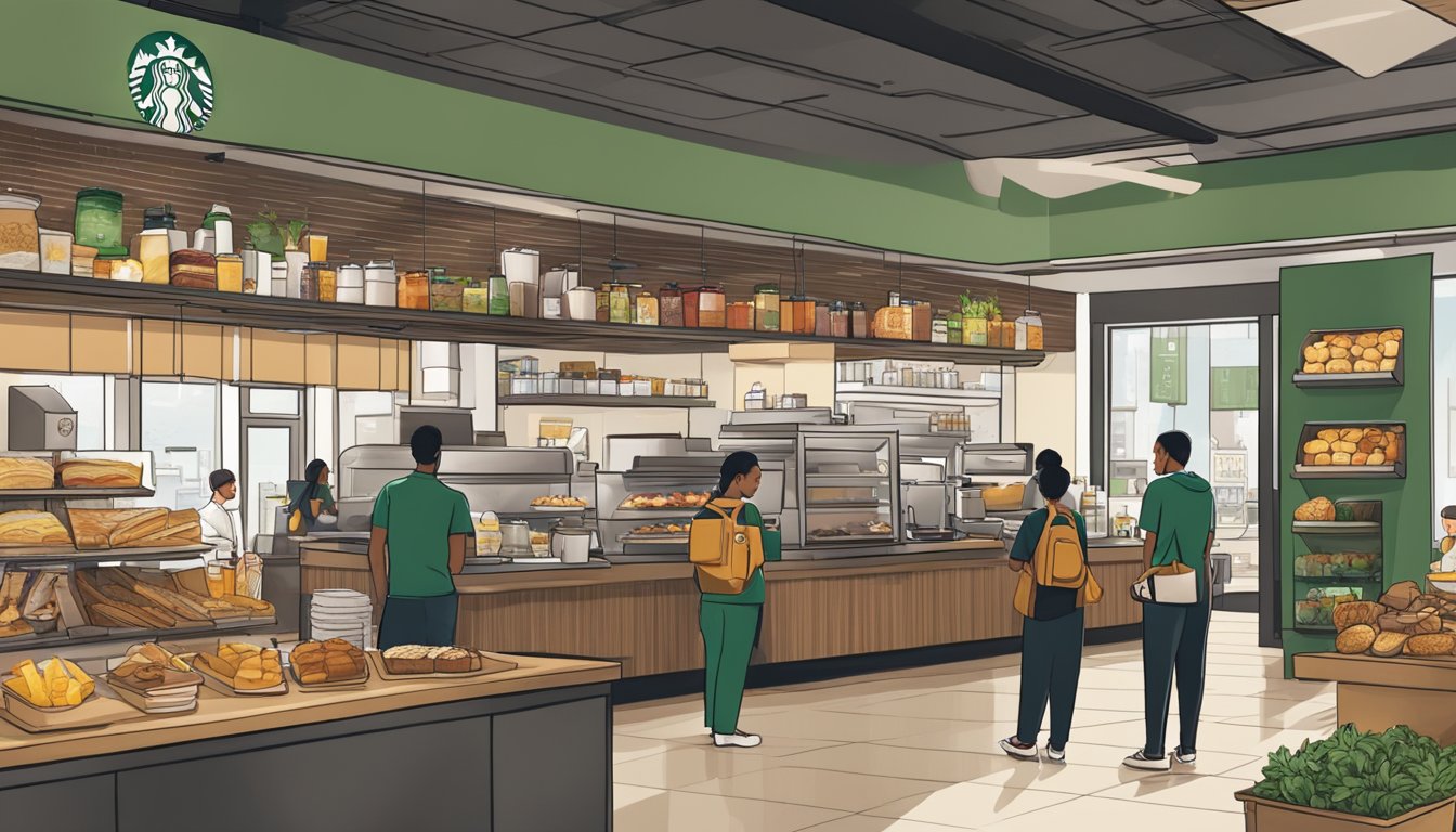 A bustling Starbucks store with a diverse range of breakfast items being served, while employees efficiently manage food waste reduction efforts in the background