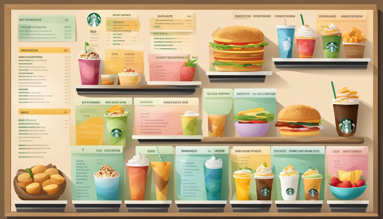 A colorful Starbucks menu board displays various breakfast items with dietary symbols and nutritional information