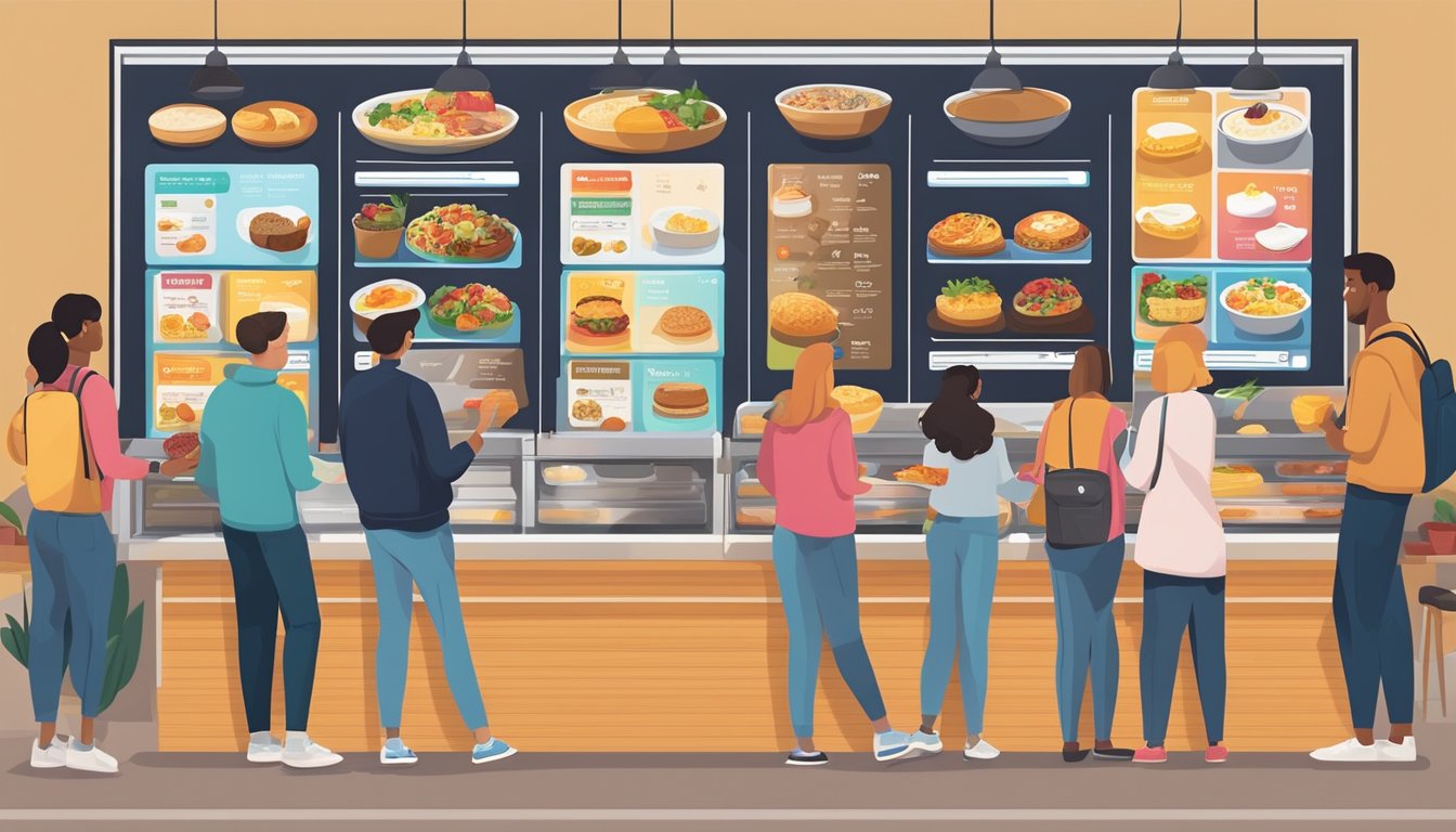 Customers selecting from a variety of breakfast items displayed on a digital menu board, with clear nutritional information provided alongside each option