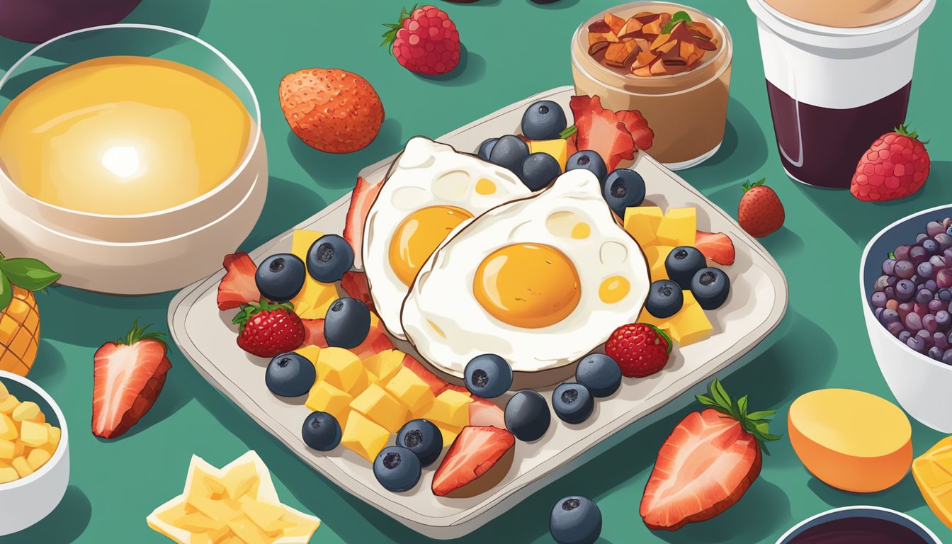 A steaming plate of classic eggs and bacon sits next to a modern acai bowl with colorful fruit toppings, all surrounded by the iconic Starbucks logo