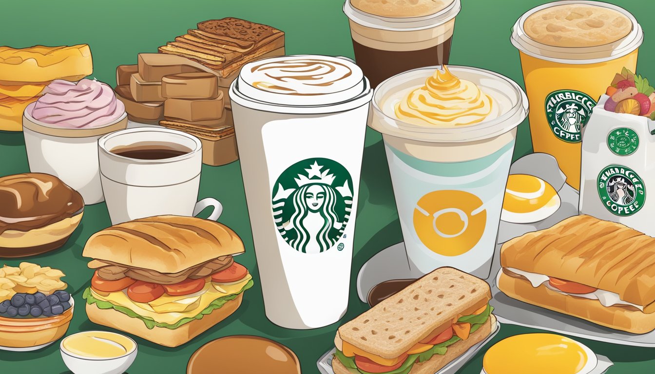 A colorful array of Starbucks breakfast items, including sandwiches, pastries, and beverages, displayed next to their corresponding nutritional information