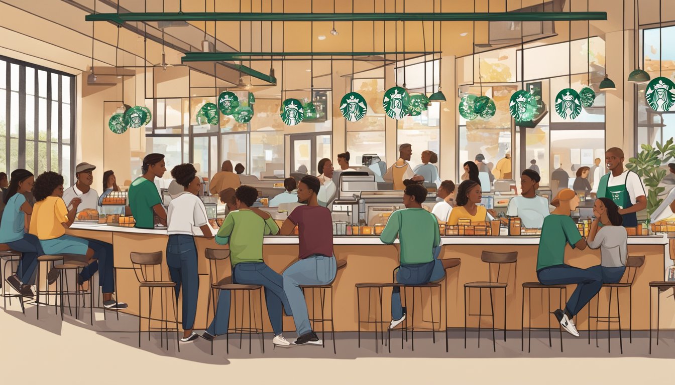 A bustling Starbucks cafe with a diverse crowd enjoying breakfast items, while a banner showcasing the company's social responsibility hangs prominently