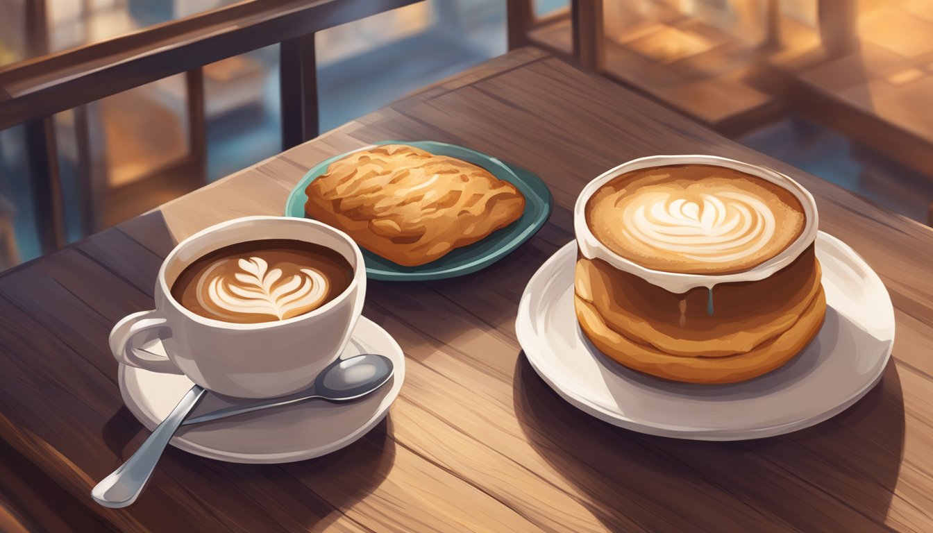 A steaming cup of coffee sits next to a freshly baked pastry on a wooden table, surrounded by the warm, inviting ambiance of a Starbucks cafe