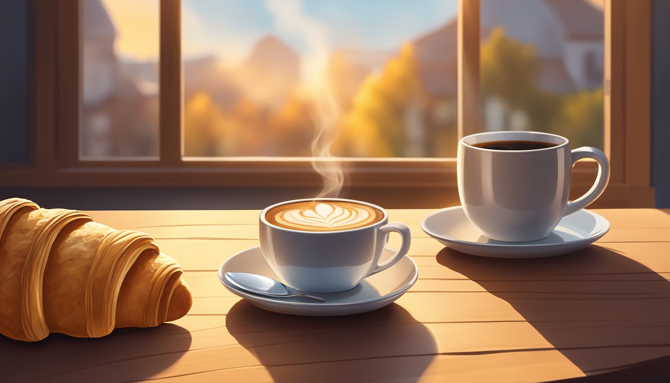 A steaming cup of coffee sits next to a freshly baked croissant on a wooden table, surrounded by the warm glow of morning light filtering through the window