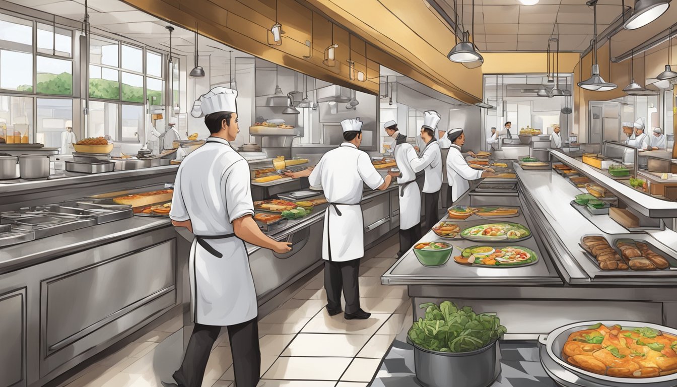 A bustling multi-location restaurant with chefs preparing breakfast dishes in a synchronized manner, while managers oversee the quality and consistency of the food across all locations