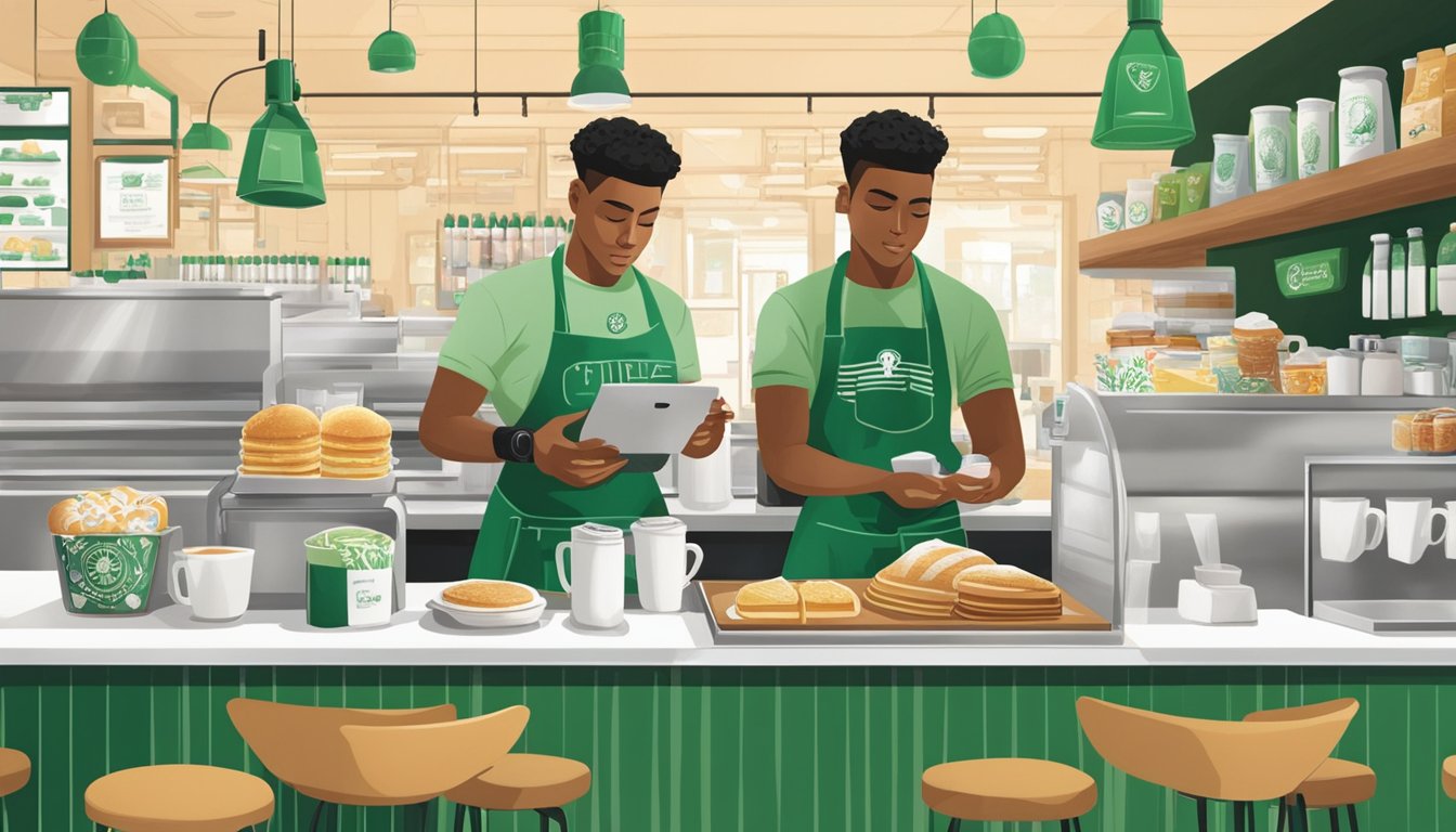 A barista prepares a customized breakfast order at Starbucks, surrounded by the brand's iconic green and white decor