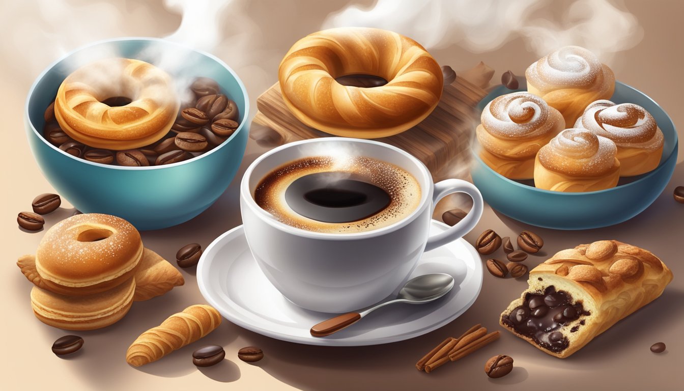 A steaming cup of coffee surrounded by swirling aromatic vapors, with a selection of freshly baked pastries and breakfast items on a table