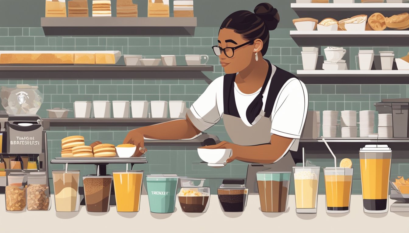 A barista assembling a customized breakfast order at Starbucks, with various ingredients and options displayed on the counter