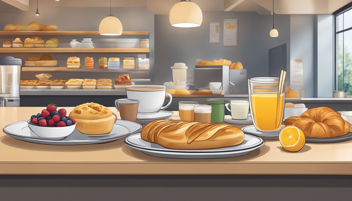 A row of breakfast items displayed on a counter, including coffee, pastries, and fruit, with a consistent brand logo visible in the background