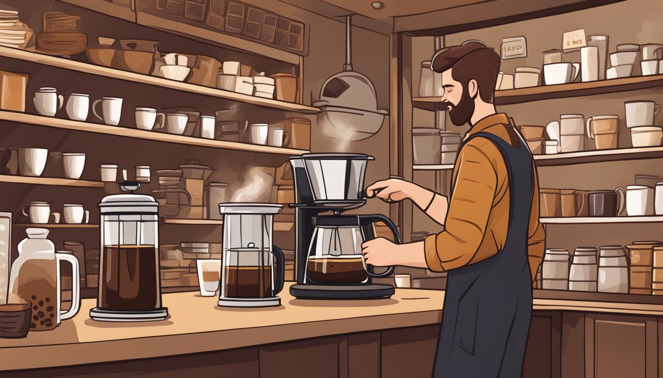 A barista pours freshly ground coffee into a French press, releasing a rich aroma. Shelves display various coffee blends and brewing equipment in a cozy Starbucks café