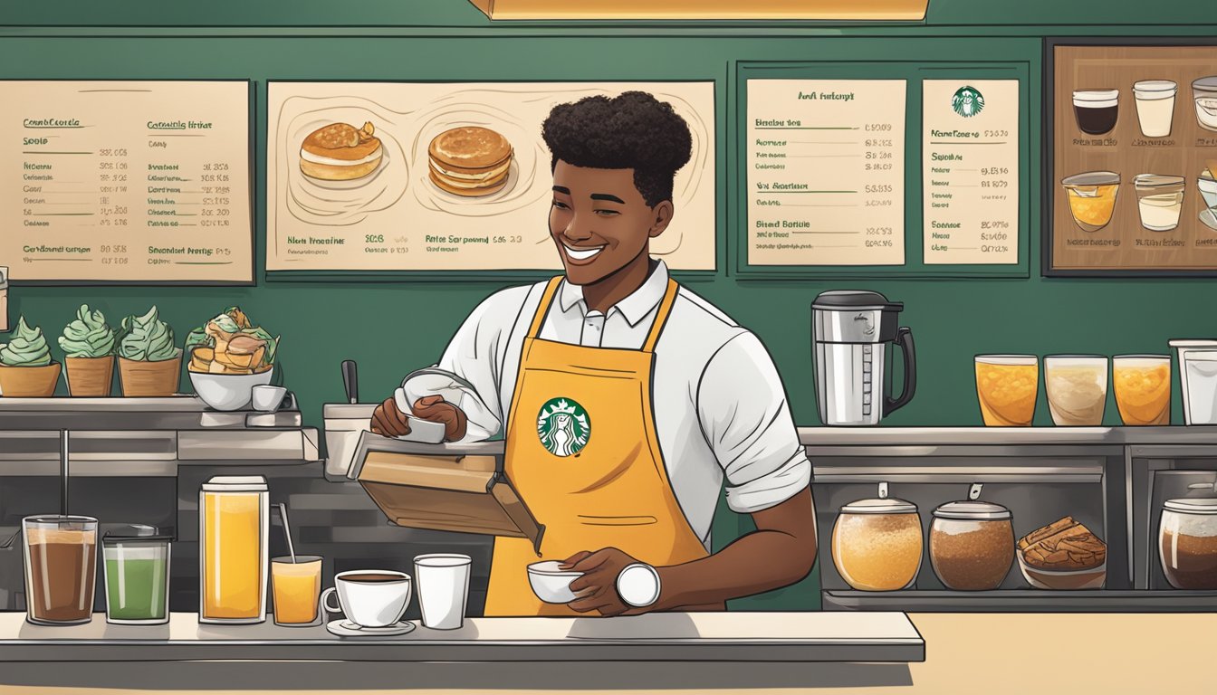 A barista prepares a customized breakfast order at Starbucks, adding personalized touches to a menu item. The customer looks pleased with the unique creation