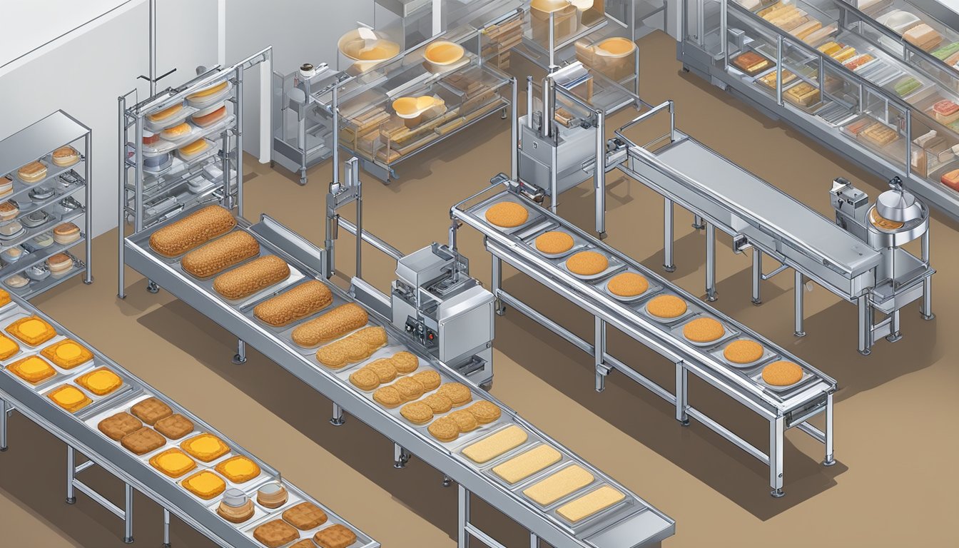 A breakfast assembly line with various stations for cooking, packaging, and quality control. Multiple locations connected by conveyor belts