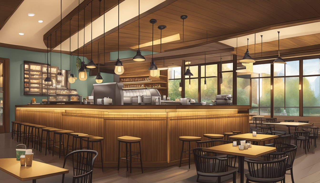 The warm glow of pendant lights illuminates cozy seating areas, while the rich aroma of freshly brewed coffee wafts through the air, creating a welcoming and inviting atmosphere for the breakfast experience at Starbucks