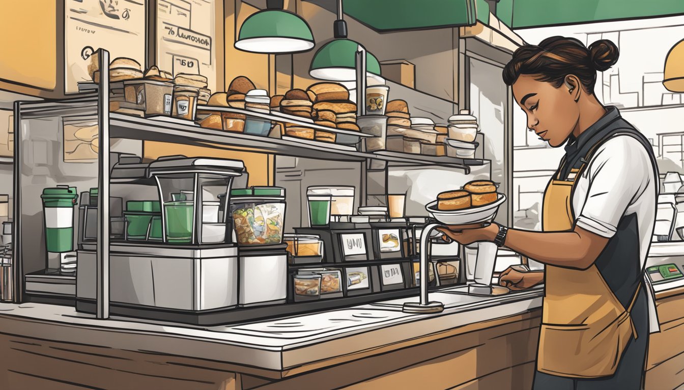 A barista customizing a breakfast order with various options at Starbucks