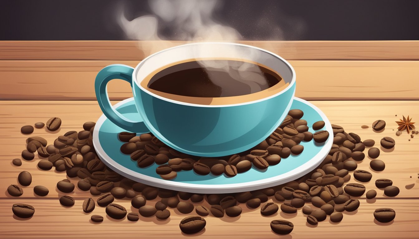 A steaming cup of coffee sits on a wooden table, surrounded by freshly ground beans and a scattering of aromatic spices. The rich aroma wafts through the air, creating an inviting and comforting atmosphere