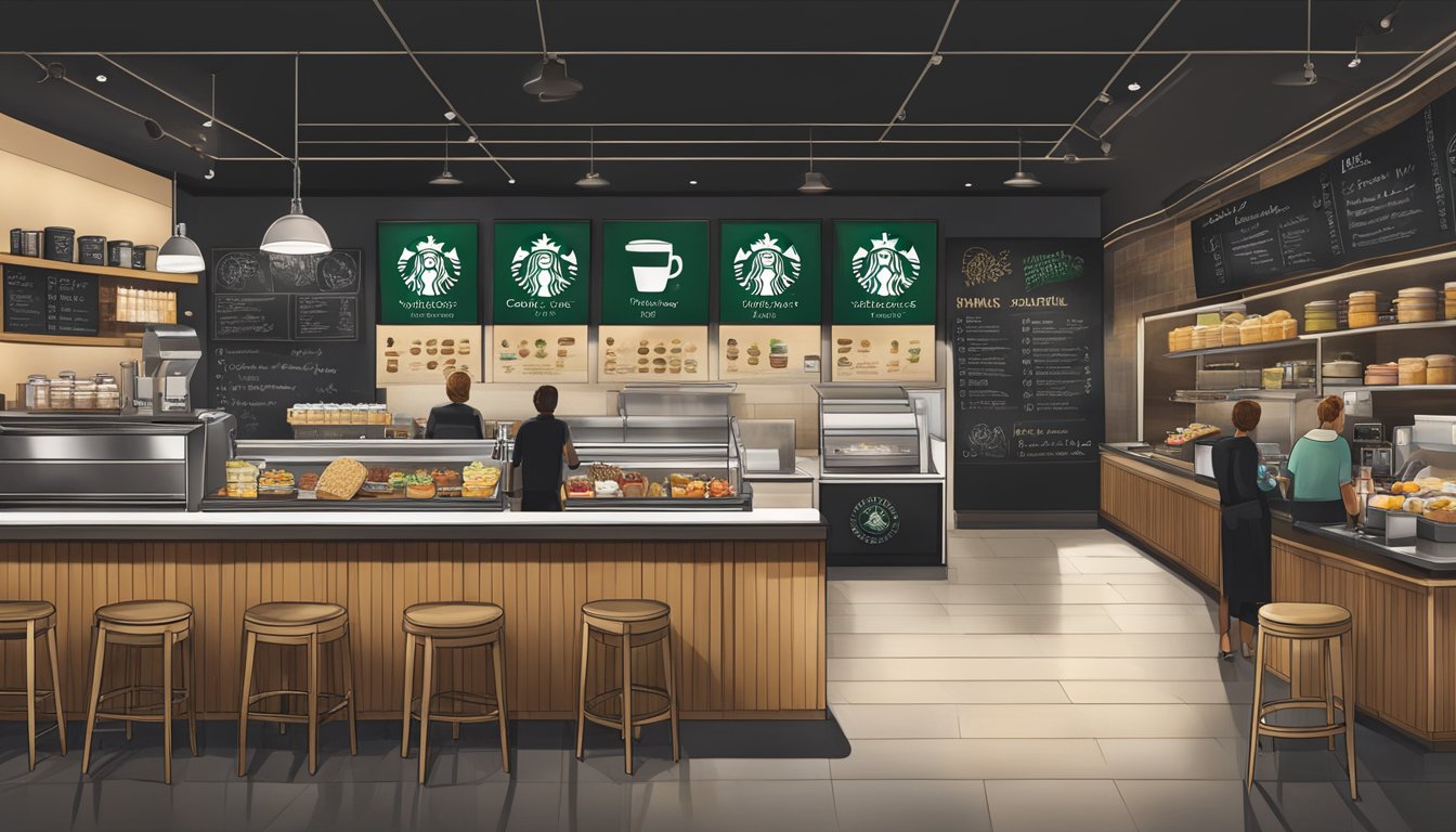 A bustling Starbucks store with a diverse breakfast menu displayed on a chalkboard, showcasing the company's commitment to quality and sustainability through customizable options