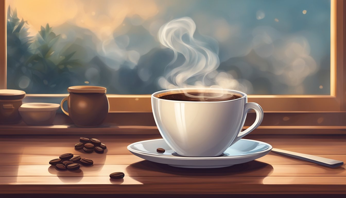 A steaming cup of coffee sits on a table, surrounded by swirling aromatic vapors. The rich, inviting aroma fills the air, creating a warm and cozy atmosphere