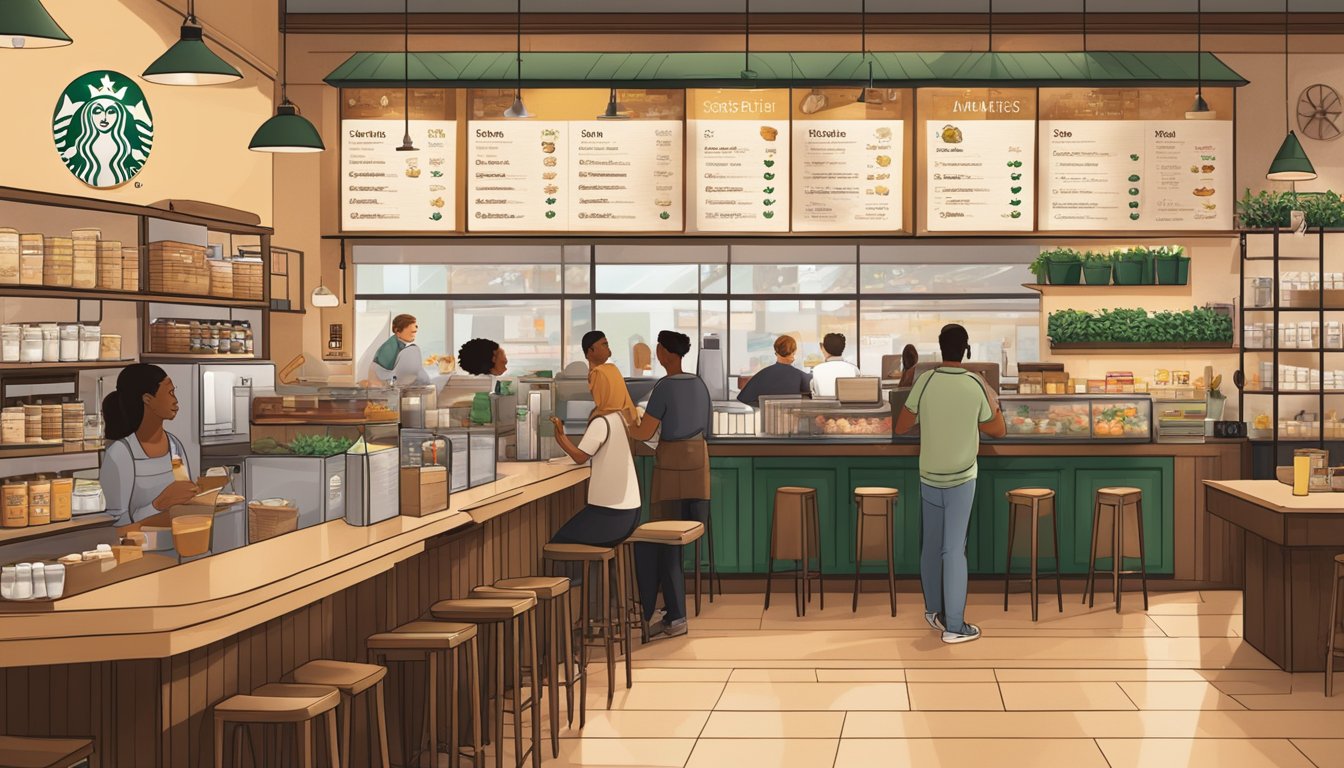 A bustling Starbucks cafe with a display of seasonal breakfast items and a menu board featuring customizable options. Customers interact with baristas while enjoying their morning meals