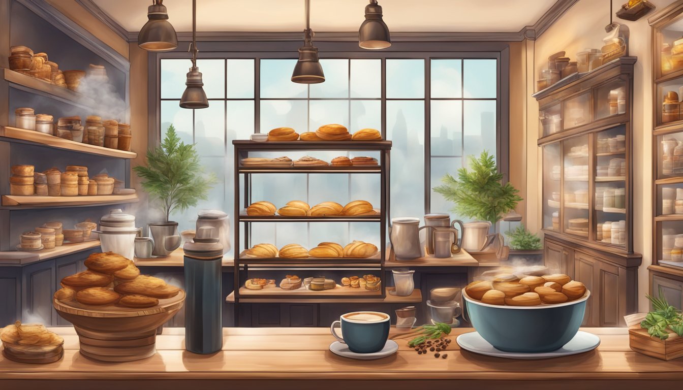 A cozy coffee shop with steaming mugs, freshly baked pastries, and a variety of aromatic spices and herbs on display