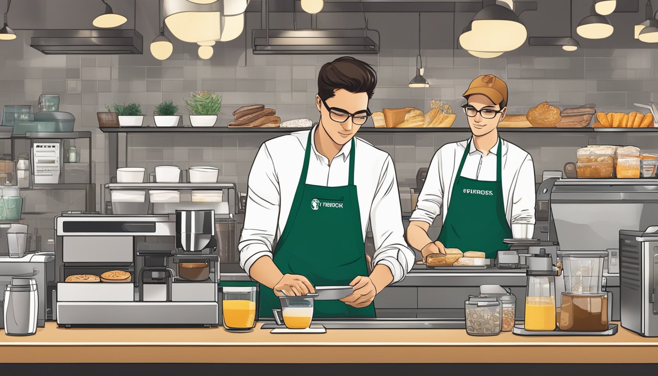 A barista preparing a customized breakfast order at a bustling Starbucks location, with a variety of technological tools and equipment visible in the background