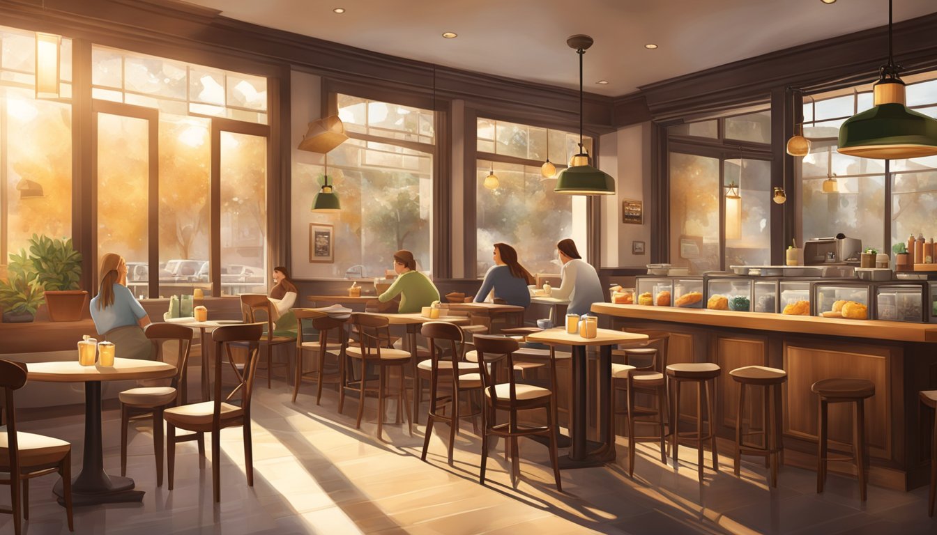 The morning sun illuminates a cozy Starbucks cafe, where the rich aroma of freshly brewed coffee and warm pastries fills the air, creating a welcoming and satisfying breakfast experience