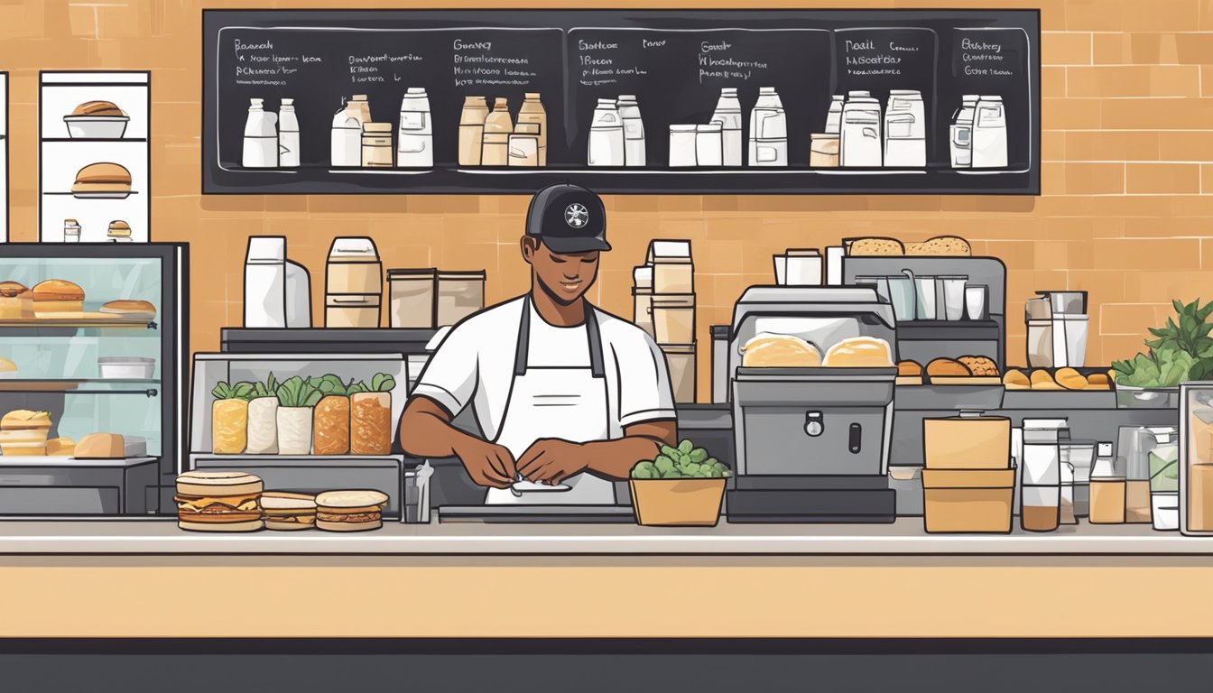 A barista customizing a breakfast sandwich with various ingredients at a Starbucks counter