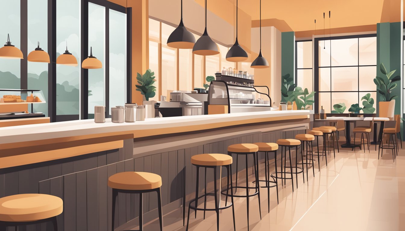 A cozy, modern cafe with a warm color palette, serving gourmet breakfast items and featuring stylish, minimalist decor