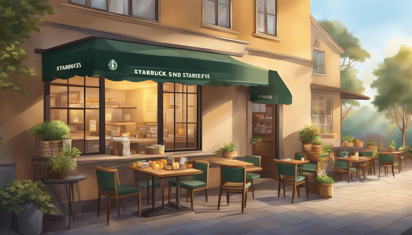 A cozy Starbucks cafe with a display of breakfast items and a warm, welcoming atmosphere, capturing the concept of the "third place."