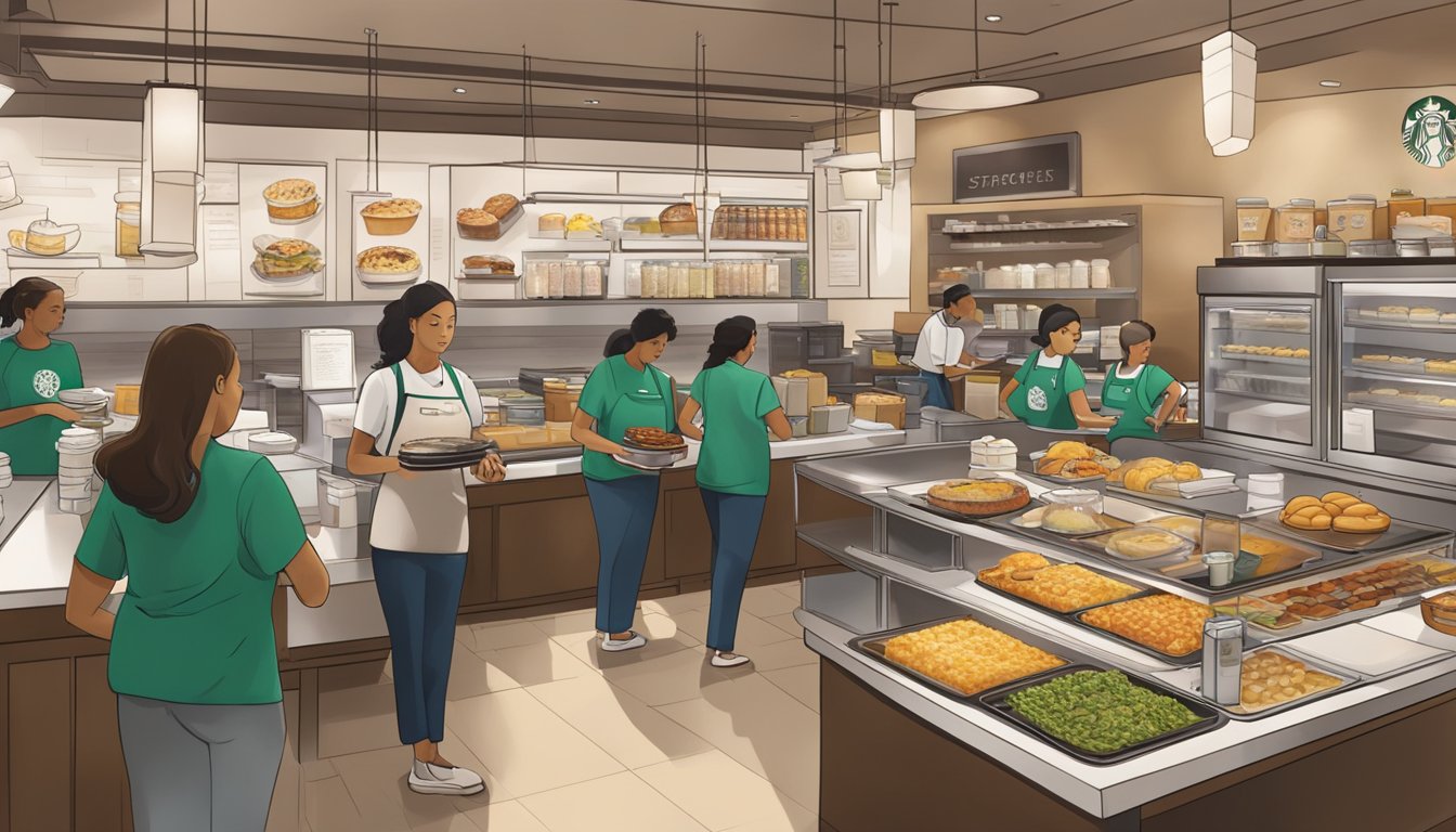 A bustling Starbucks store with a variety of breakfast items displayed on a counter, while staff members prepare catering orders in the background