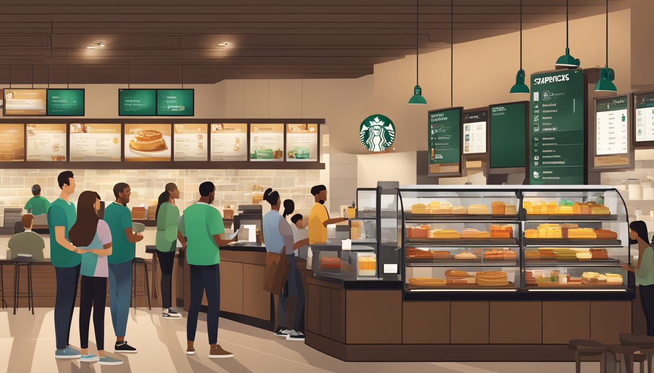 A bustling Starbucks store with a variety of breakfast items displayed on a digital menu board, as customers line up to place their orders at the counter