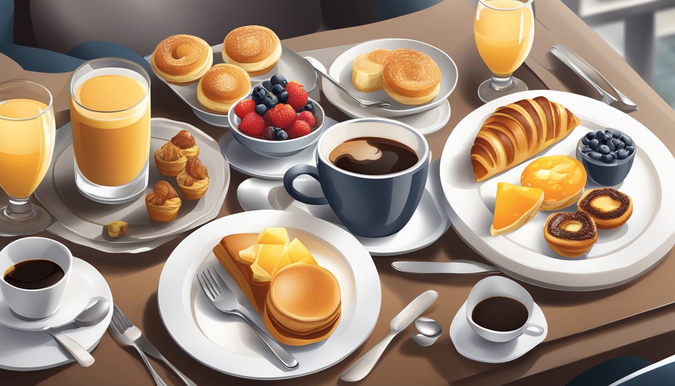 A table set with a spread of gourmet breakfast items, including coffee and pastries, in a modern, upscale cafe setting