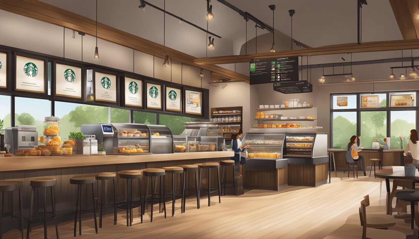 A cozy Starbucks cafe with digital ordering kiosks and a welcoming breakfast display, creating a modern "third place" for customers