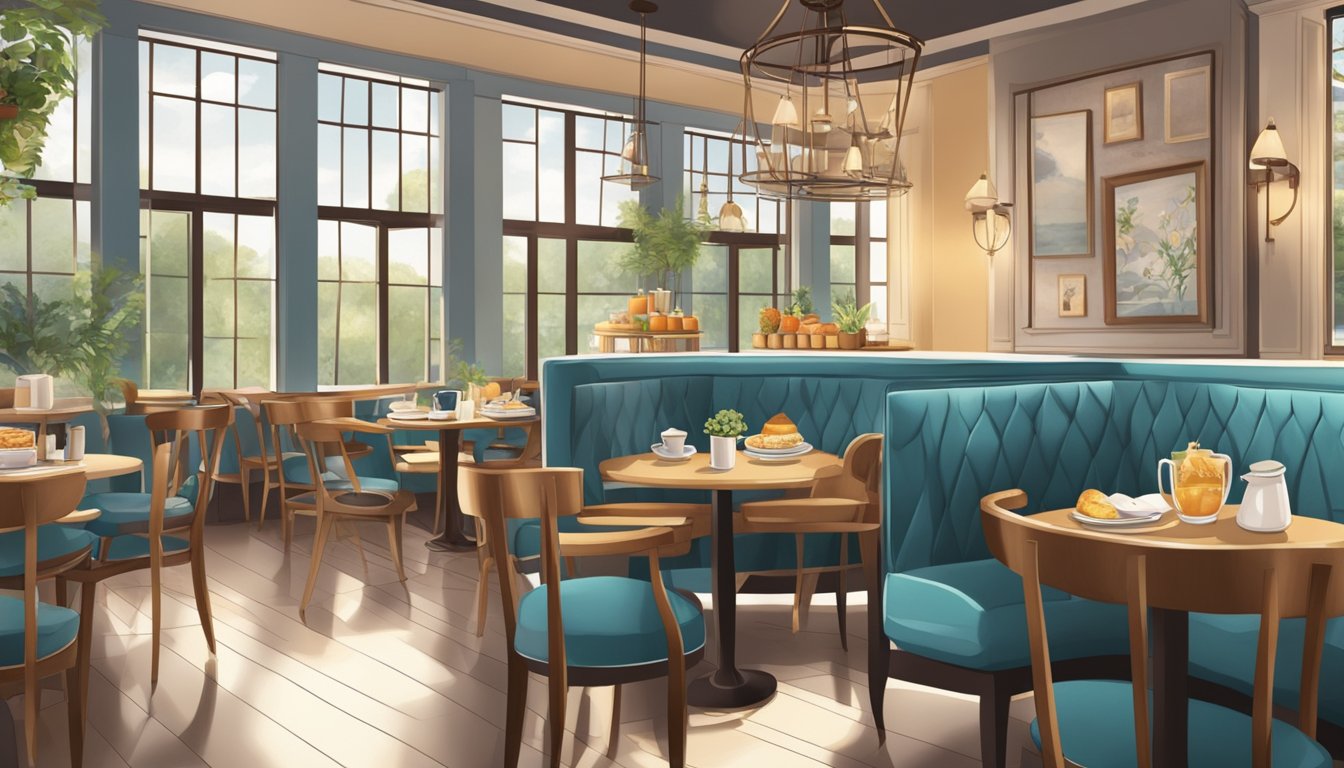 A cozy cafe setting with a spread of gourmet breakfast items and elegant decor, evoking a sense of affordable luxury