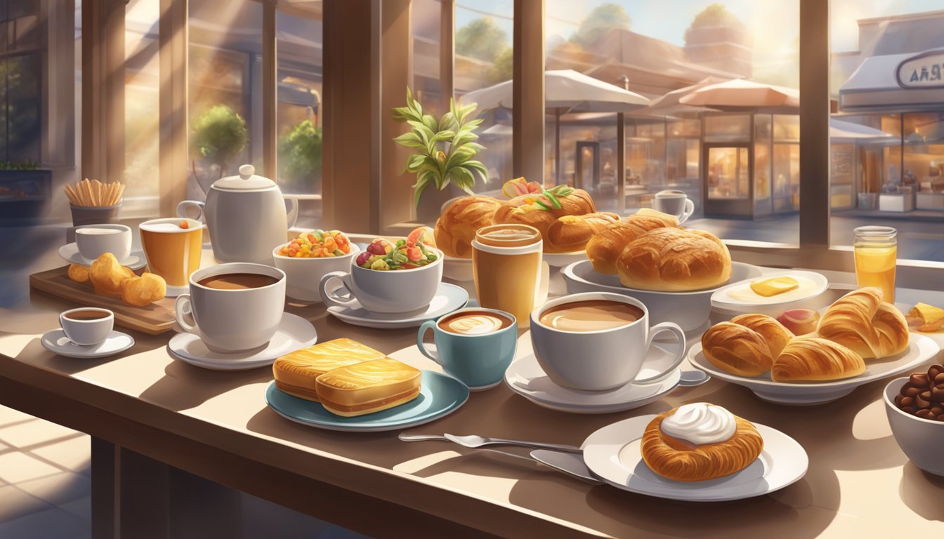 A sunlit café with a variety of breakfast items on display, from pastries to sandwiches, alongside steaming cups of coffee and tea