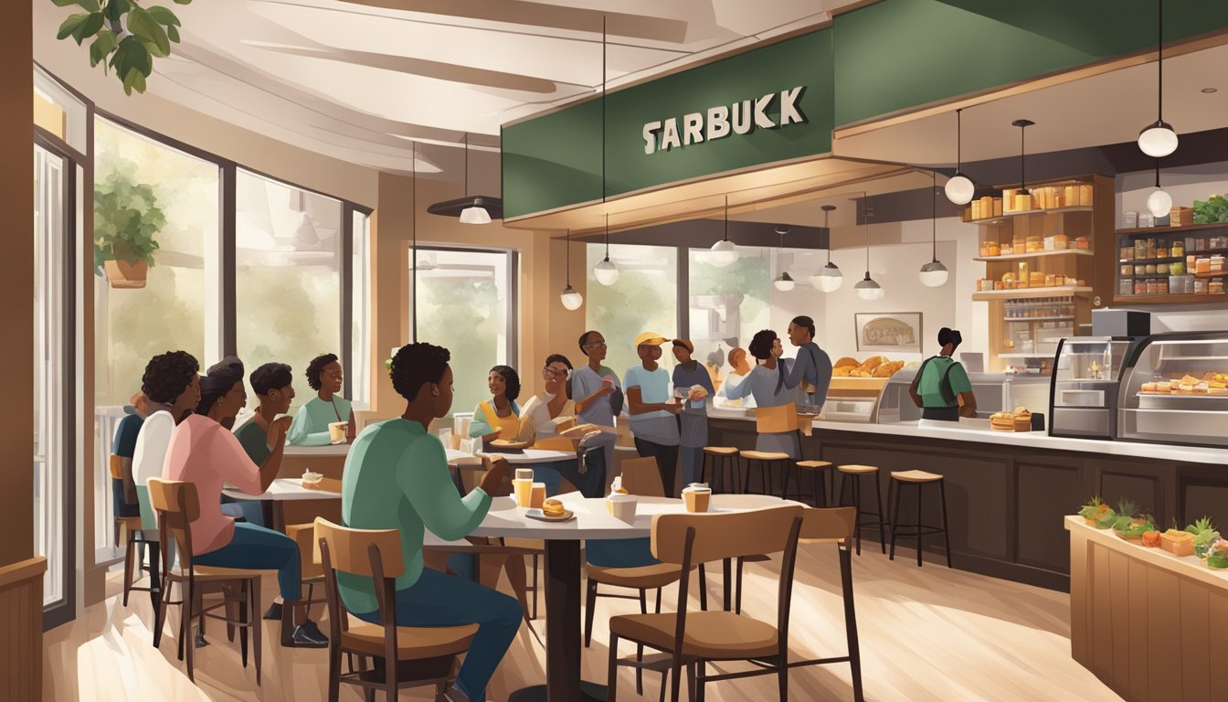 A bustling Starbucks café with diverse customers enjoying breakfast, engaging in conversation, and experiencing a welcoming atmosphere