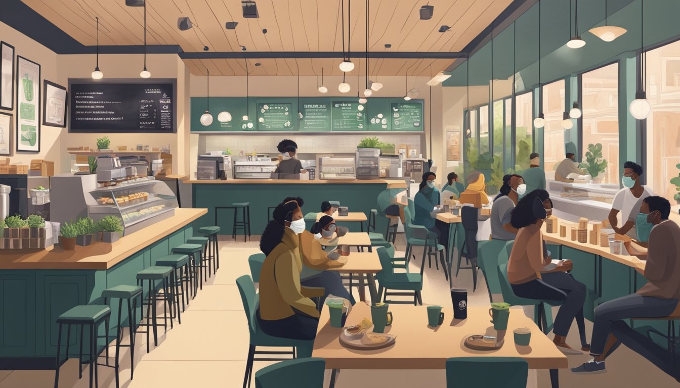 A bustling Starbucks with spaced-out seating, a mix of customers wearing masks, and a focus on takeout orders. The atmosphere is welcoming and adaptable, reflecting the concept of the "Third Place."