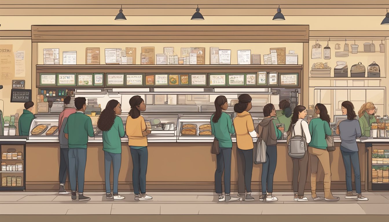 A bustling Starbucks store with a prominently displayed breakfast menu featuring limited-time offers. Customers eagerly line up to place their orders