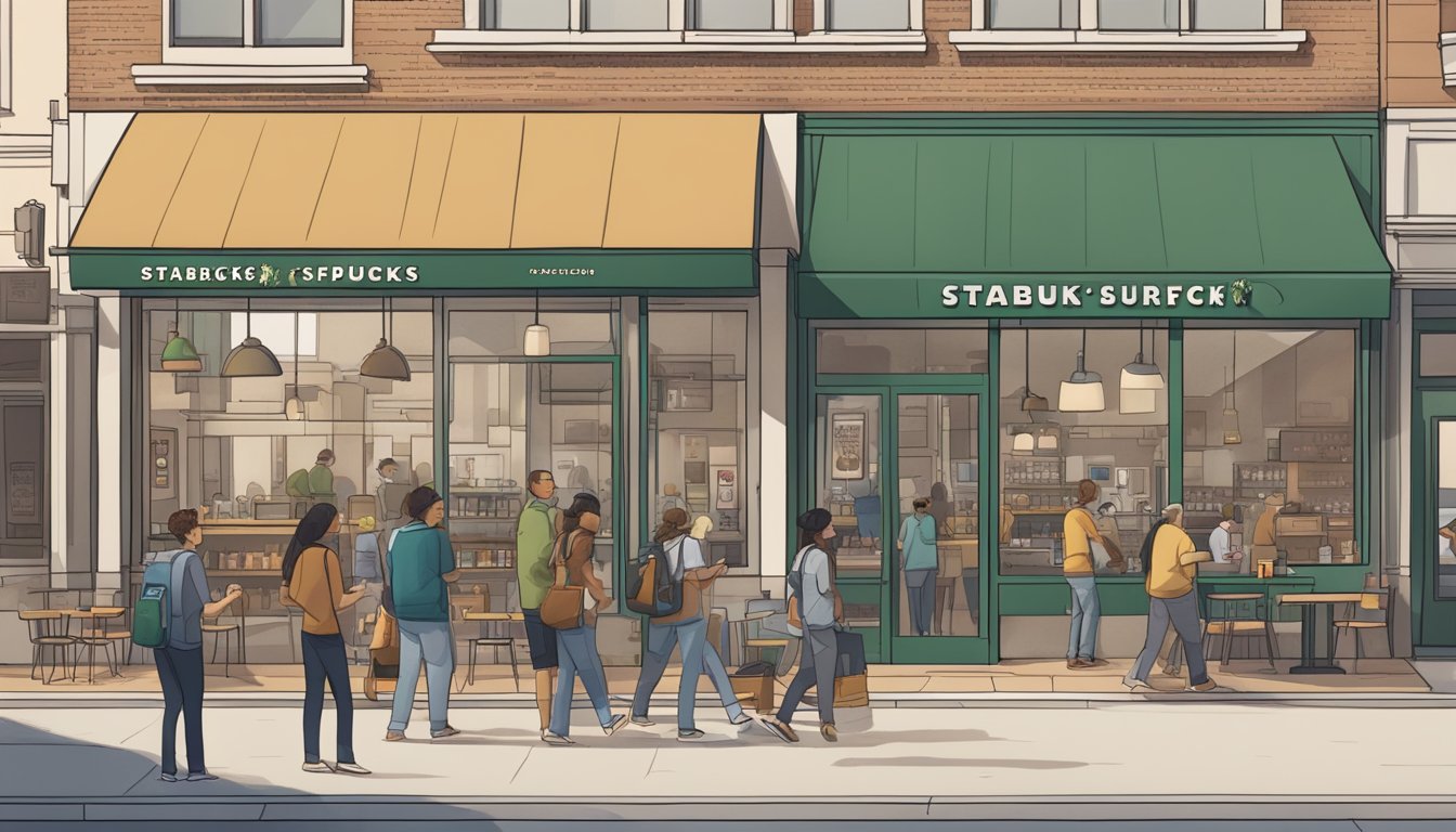 A bustling Starbucks store with a line of customers out the door, while nearby local breakfast businesses appear empty