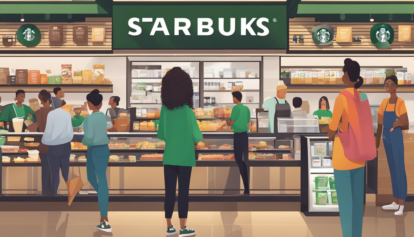 A bustling Starbucks store with a vibrant breakfast display featuring limited-time offers and promotional signage. Customers eagerly line up to order