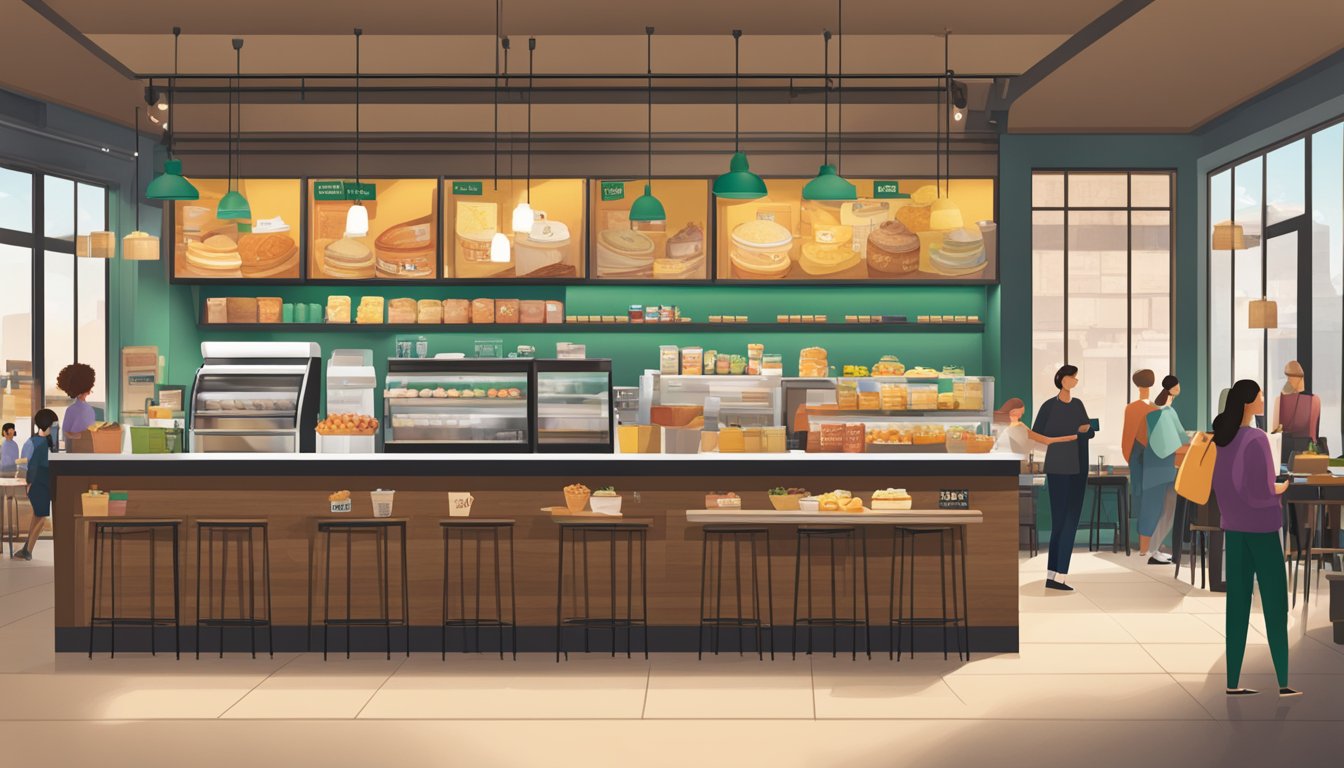 A bustling Starbucks store with a vibrant breakfast menu display and a prominent limited-time offer sign. Customers eagerly selecting items