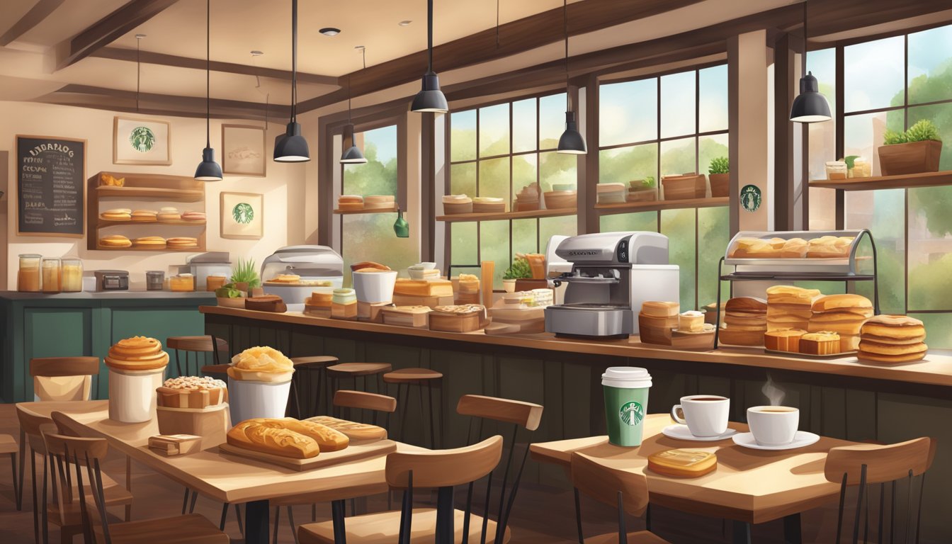 A cozy Starbucks cafe with a spread of comforting breakfast items, including pastries, sandwiches, and hot coffee, creating an inviting and warm atmosphere