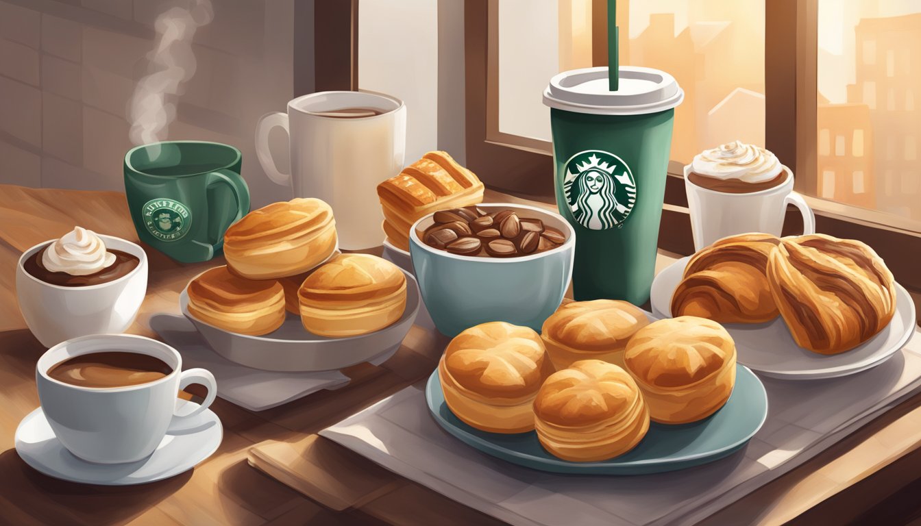 A cozy Starbucks breakfast spread with warm pastries, steaming coffee, and comforting aromas