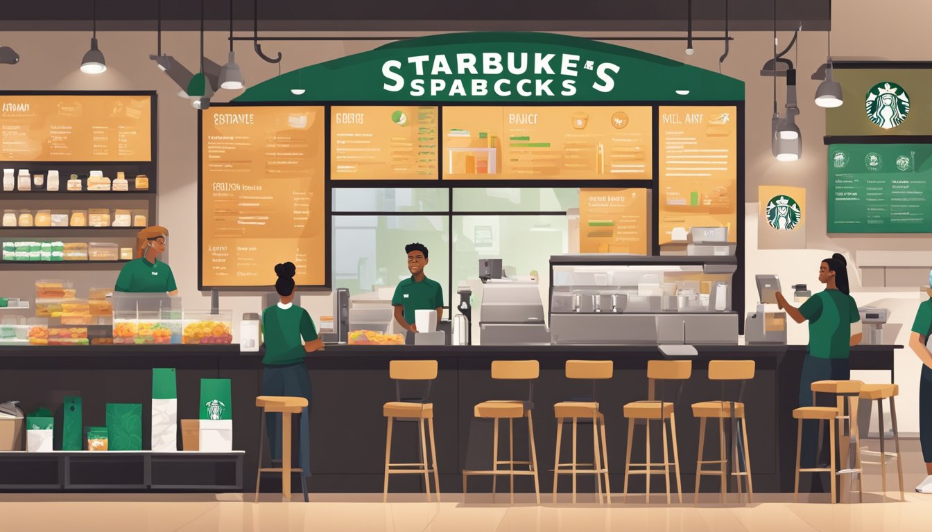 A bustling Starbucks store with a colorful breakfast menu board and a barista preparing customized orders for customers